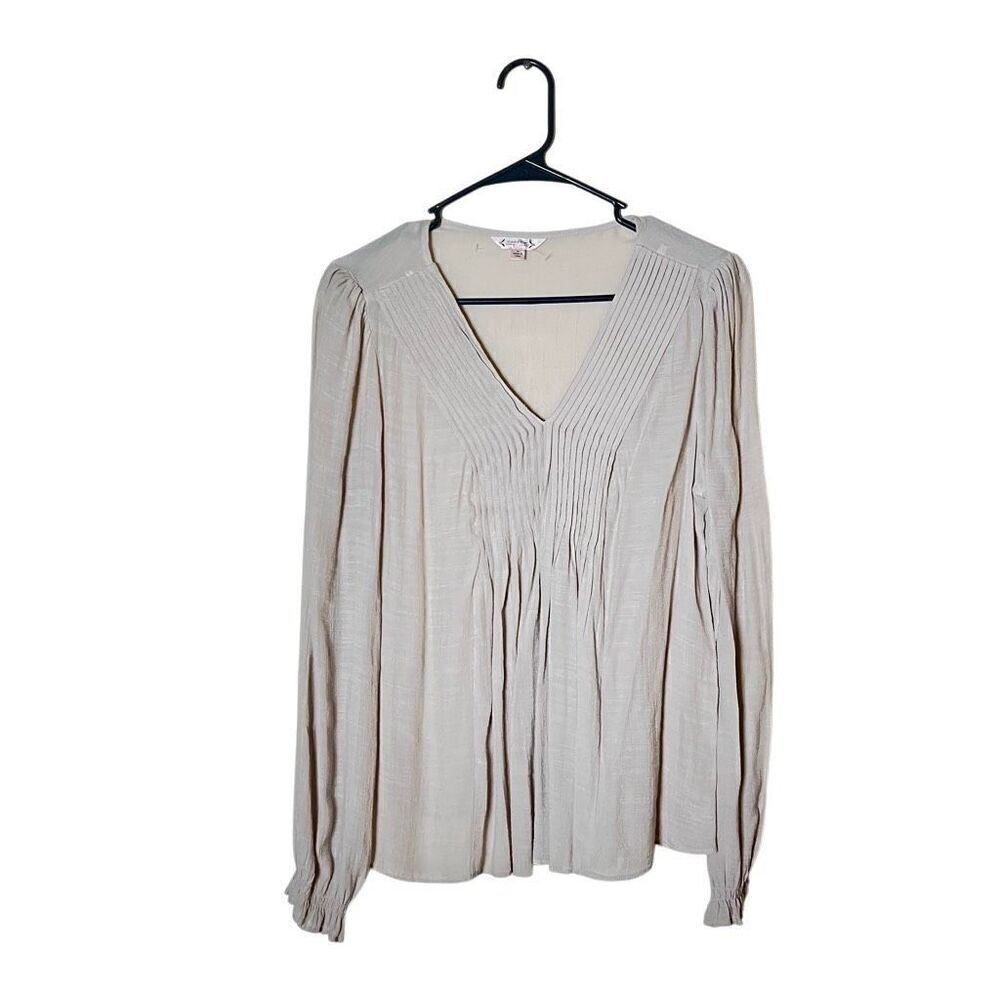NANETTE LEPORE Women's M Blouse Top Shirt Beige Boho Pleat Puckered Long Sleeve